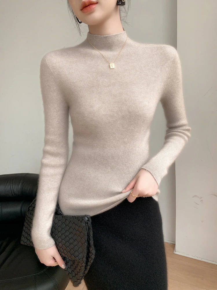 Damen Gerippter Stehkragen Pullover Langarm Weich