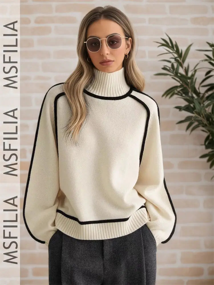 Damen Rollkragenpullover Strickpullover mit Kontraststreifen Langarm