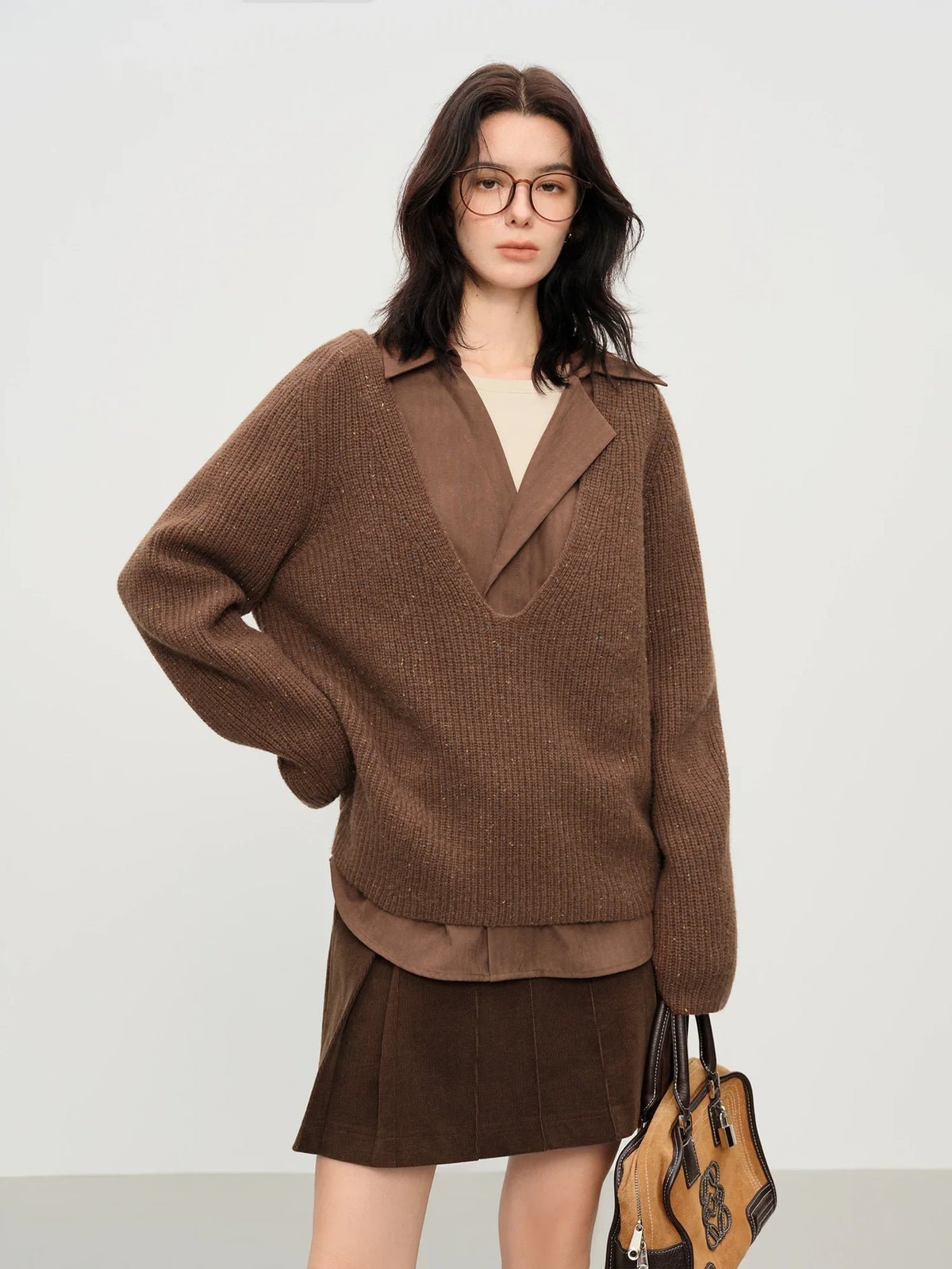 Damen Strickpullover mit tiefem V-Ausschnitt, gerippt, Langarm, meliert