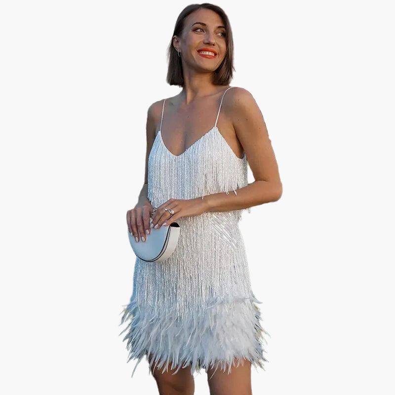 Robe de soirée femme à franges et plumes – Robe glamour pour occasions spéciales