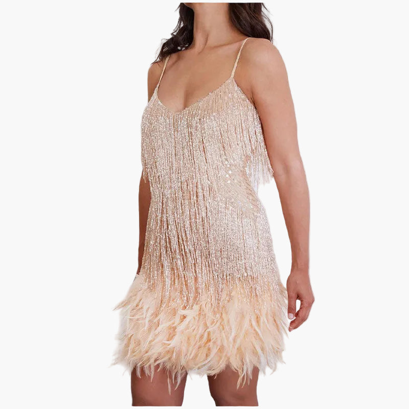 Robe de soirée femme à franges et plumes – Robe glamour pour occasions spéciales
