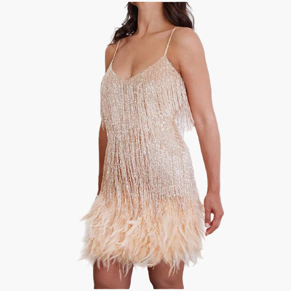 Robe de soirée femme à franges et plumes – Robe glamour pour occasions spéciales