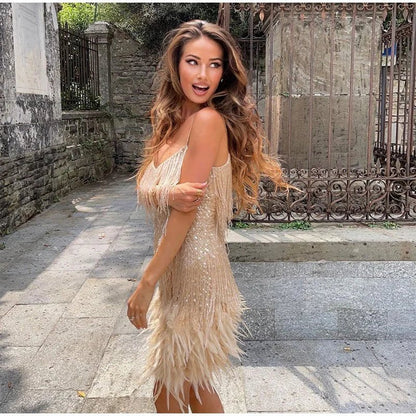 Robe de soirée femme à franges et plumes – Robe glamour pour occasions spéciales