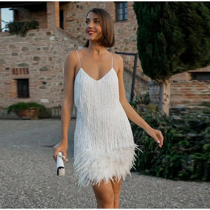 Robe de soirée femme à franges et plumes – Robe glamour pour occasions spéciales