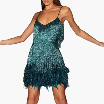 Robe de soirée femme à franges et plumes – Robe glamour pour occasions spéciales