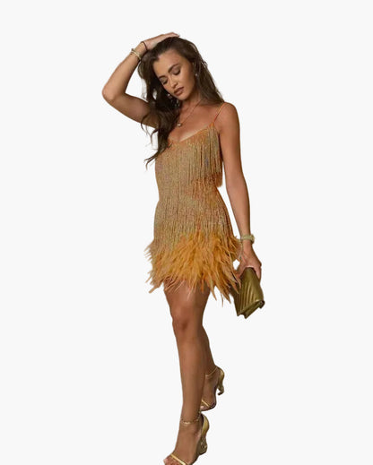 Robe de soirée femme à franges et plumes – Robe glamour pour occasions spéciales