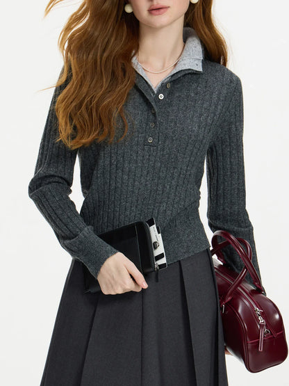Damen Poloshirt-Pullover Grau Gerippt Langarm Knopfleiste