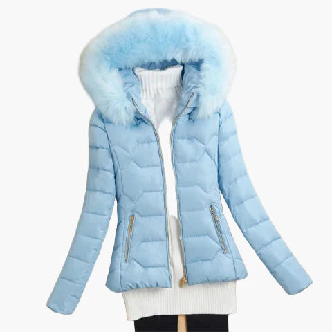 Dames winter gewatteerd jack met capuchon en bontkraag – Modieuze outdoor mantel