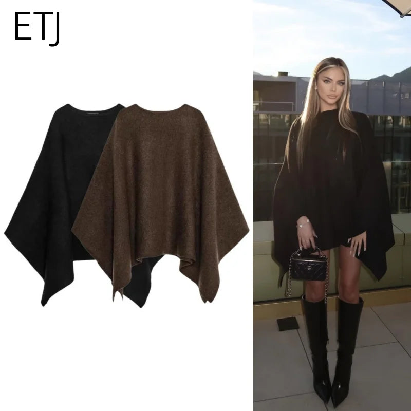 Damen Poncho Pullover V-Ausschnitt Weiches Material in Braun und Schwarz