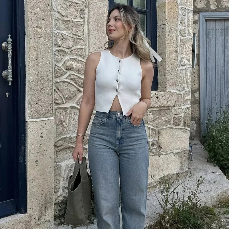 Cárdigan corto de punto sin mangas con botones para mujer