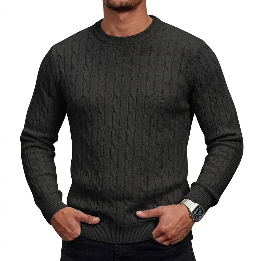 Herren Zopfmuster Pullover Rundhals Langarm Strickpullover