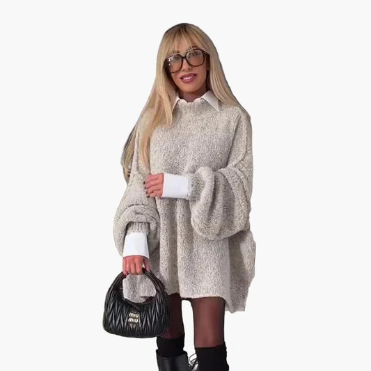 Dames Oversized Trui Jurk met ballonmouwen en overhemdkraag – Stijlvolle trendoutfit voor herfst en winter