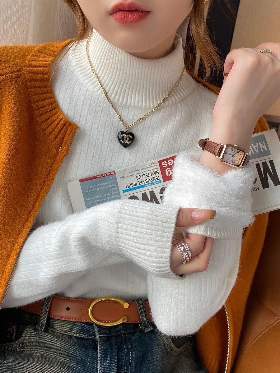 Damen Rollkragenpullover Gerippt mit Plüschärmeln Beige