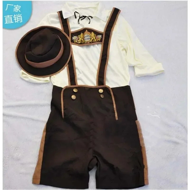 Completo tradizionale da uomo per Oktoberfest beige e marrone con bretelle e cappello