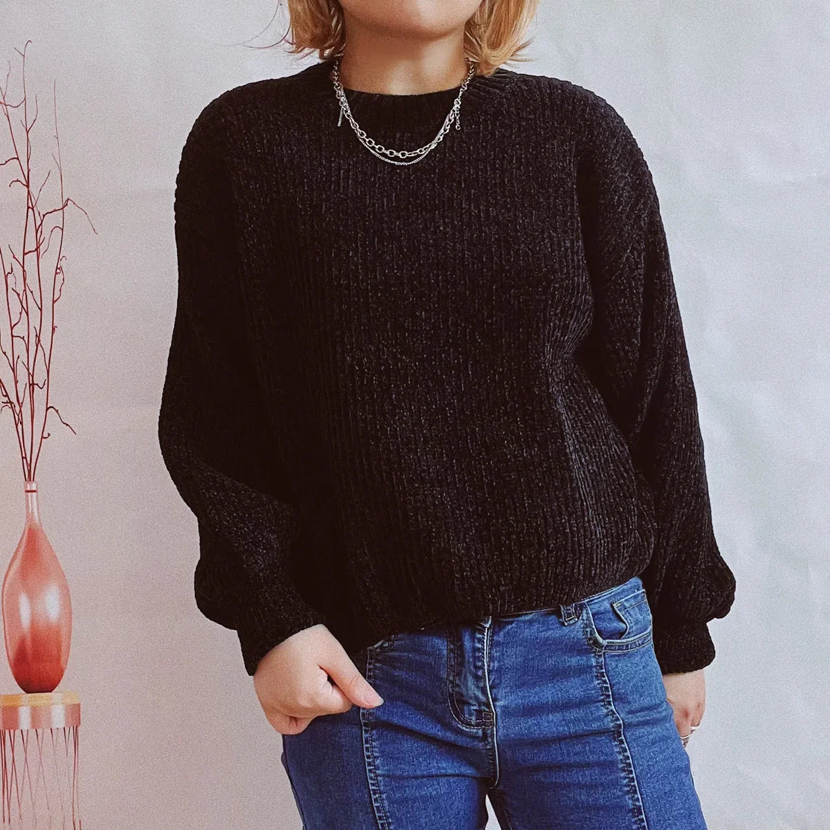 Gerippter Pullover Damen Weicher Rundhals Strickpullover Lange Ärmel