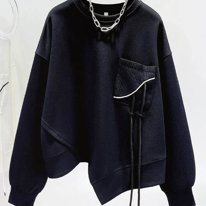 Unisex Pullover mit Rundhalsausschnitt, Asymmetrischer Saum & Brusttasche, Langarm Sweatshirt für Damen und Herren