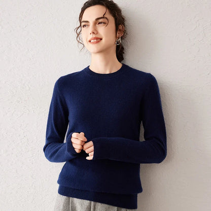Pull femme à col rond et manches longues, maille fine, basique