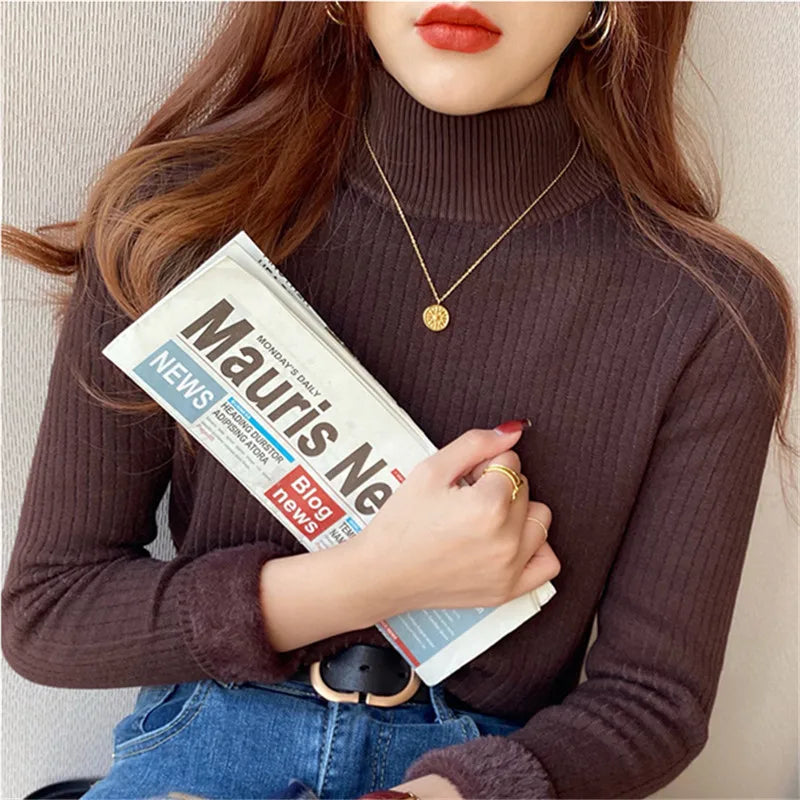 Damen Rollkragenpullover Gerippt mit Plüschärmeln Beige