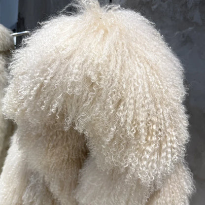 Cappotto lungo in peluche con cappuccio e trama, beige
