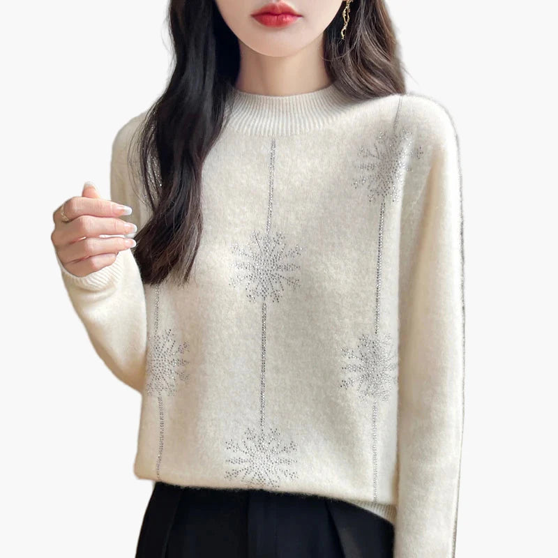 Damen Pullover mit Stehkragen und Strass-Verzierung – Eleganter Winterpullover für Alltag und Büro