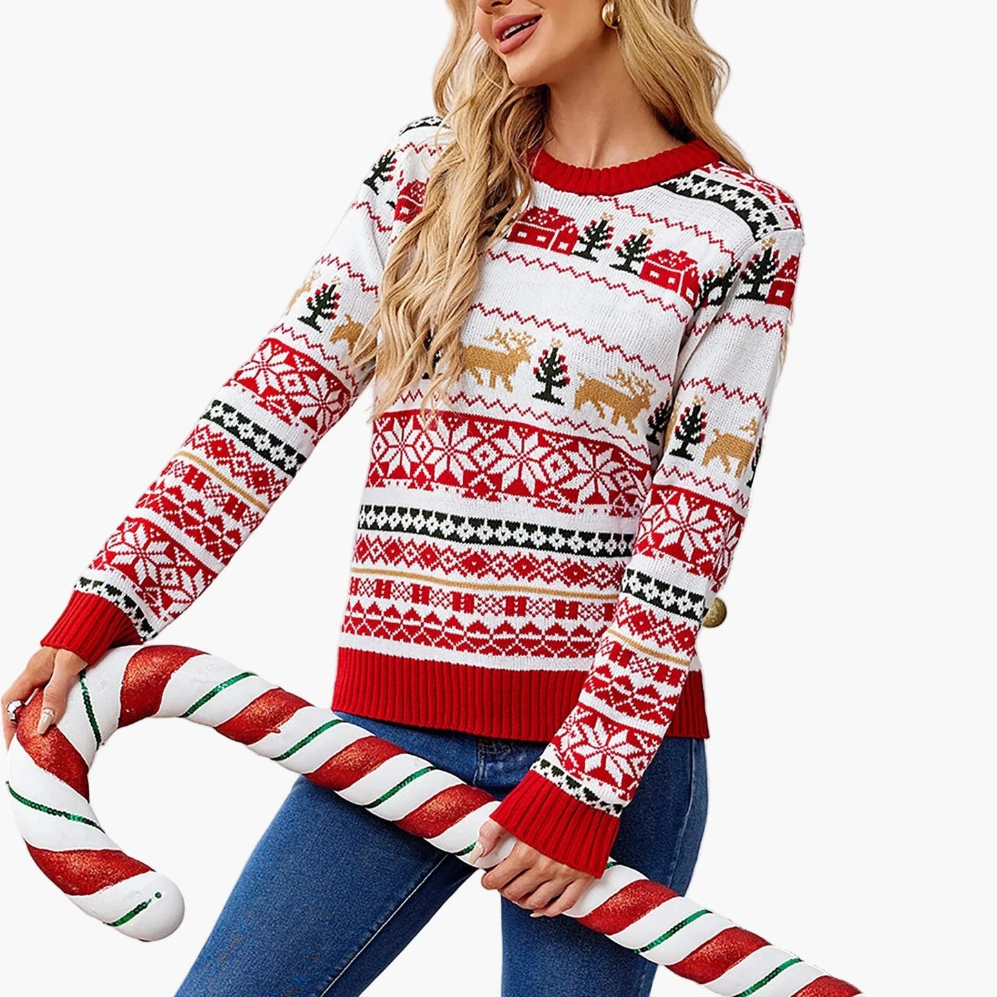 Damen Weihnachtspullover Rundhals Langarm Winter Festlich Norwegerstil