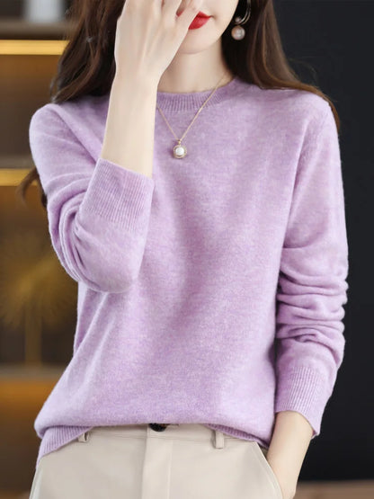 Damen Pullover Rundhals Langarm Strickpullover Einfarbig