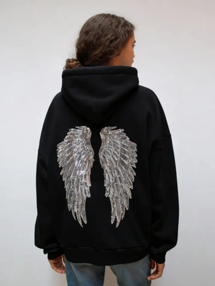 Sweat à capuche pour femme avec ailes à paillettes dans le dos