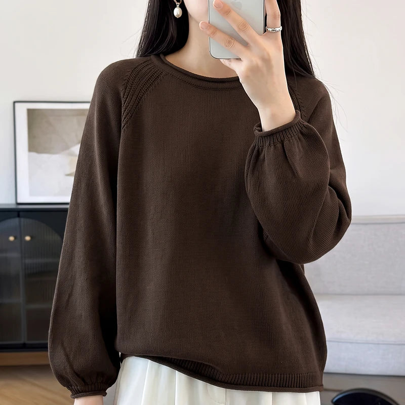 Damen Pullover Rundhalsausschnitt Langarm Strickpullover