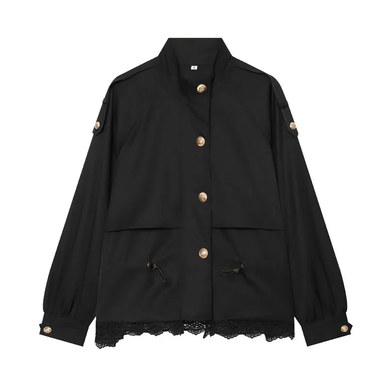 Chaqueta de mujer con cuello alto, cordón ajustable y ribete de encaje
