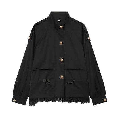 Chaqueta de mujer con cuello alto, cordón ajustable y ribete de encaje