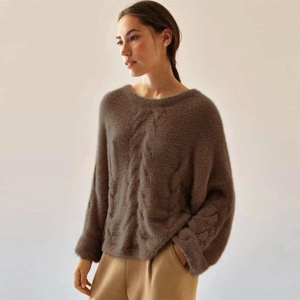 Pull pour femme à coupe ample, motif torsadé, texture duveteuse