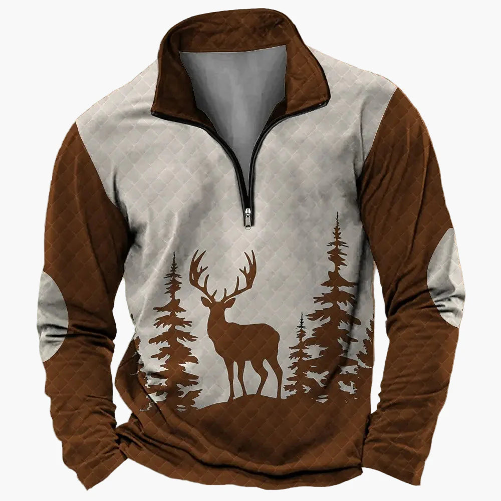 Herren Outdoor Sweatshirt mit Hirsch-Print und Reißverschluss – Freizeit & Jagd Pullover