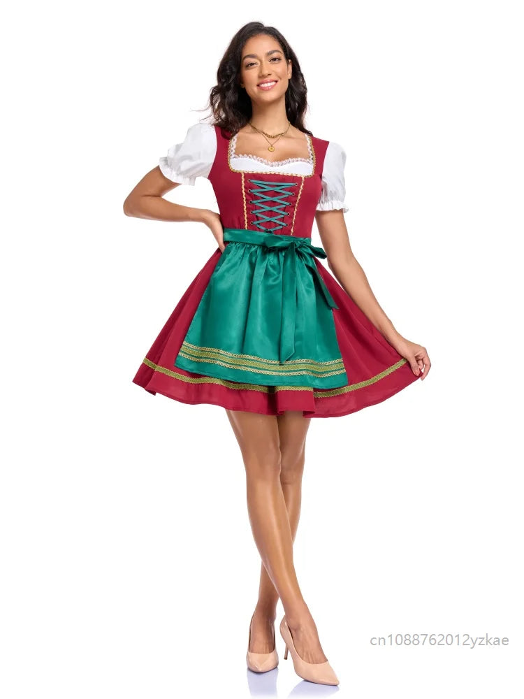Dirndl da donna rosso e verde, camicetta tirolese e grembiule