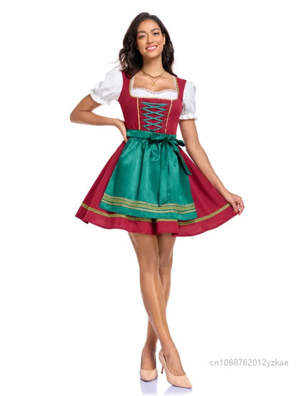 Dirndl da donna rosso e verde, camicetta tirolese e grembiule