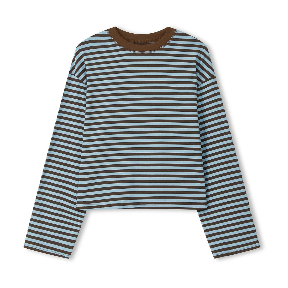 Haut rayé à manches longues pour femmes, col rond, crop top