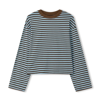 Haut rayé à manches longues pour femmes, col rond, crop top