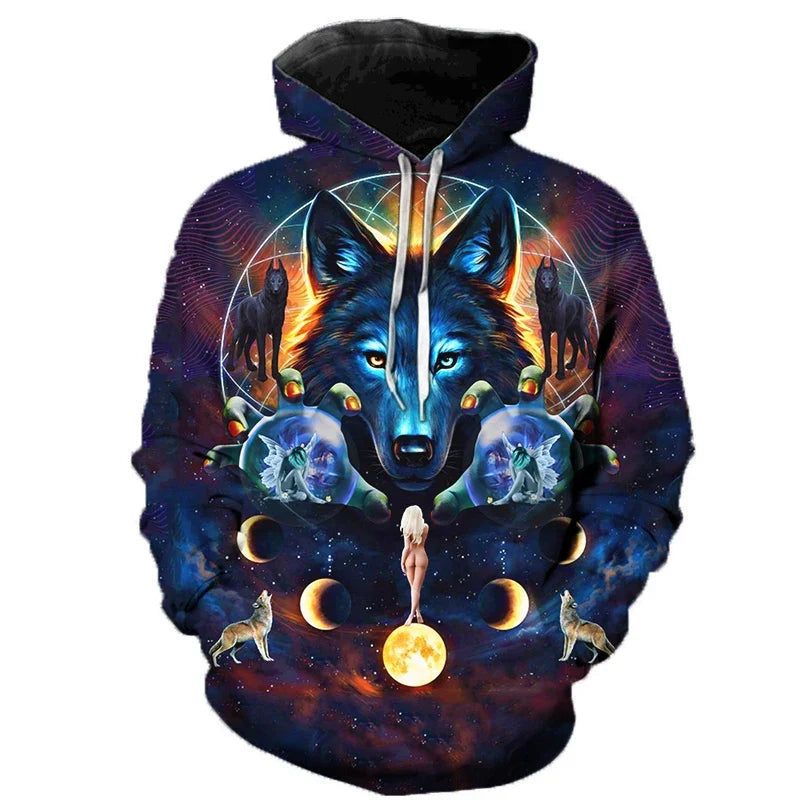 Hoodie mit Wolf Motiv 3D-Druck, Kapuzenpullover mit Kordelzug, Langarm