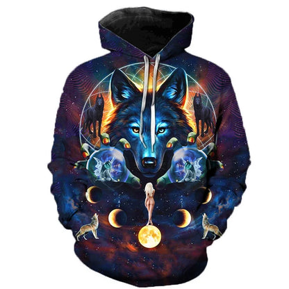 Hoodie mit Wolf Motiv 3D-Druck, Kapuzenpullover mit Kordelzug, Langarm