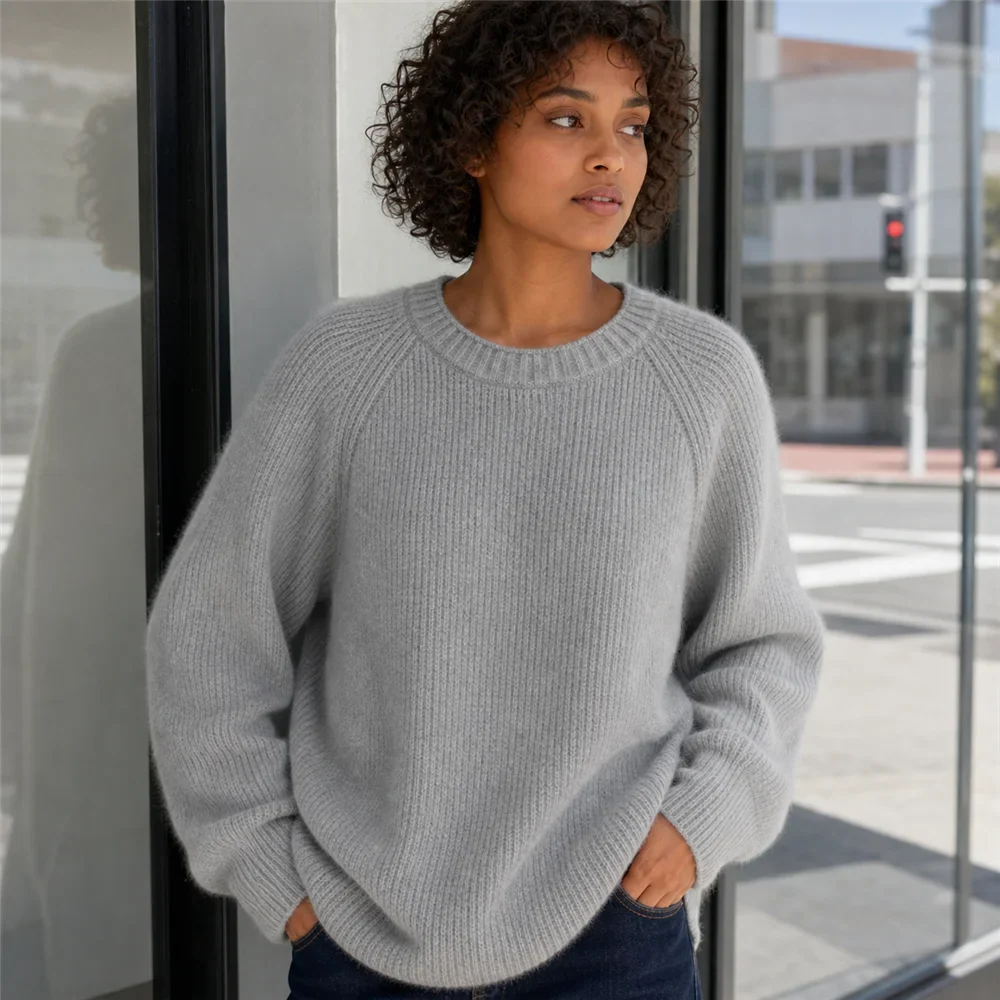 Maglione da donna a girocollo, maniche lunghe, in maglia a coste, giallo