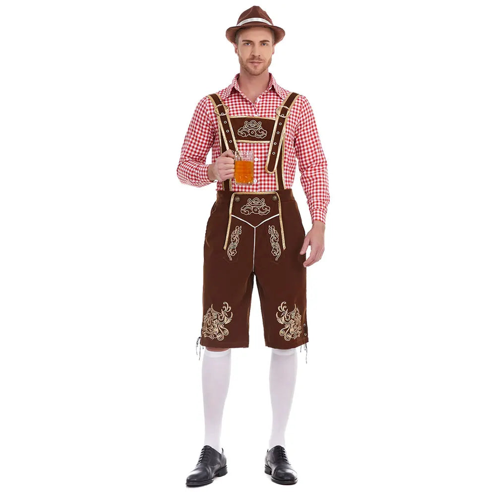 Herren Trachten Lederhose mit Hemd und Hosenträgern Geringeltes Karo-Muster