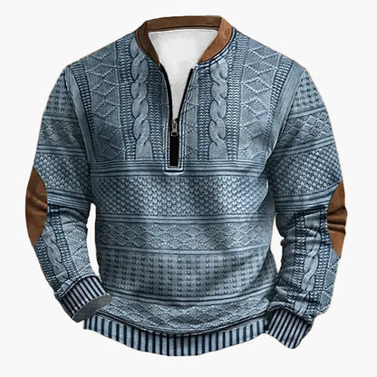 Herre striktrøje med halv lynlås – Moderigtig fritidstrøje i patchwork-look