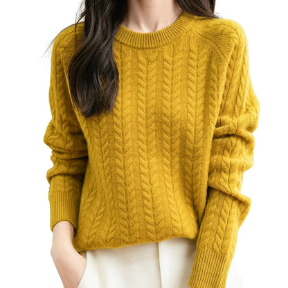 Maglione da donna con motivo a trecce, collo rotondo, maniche lunghe, lavorato a maglia