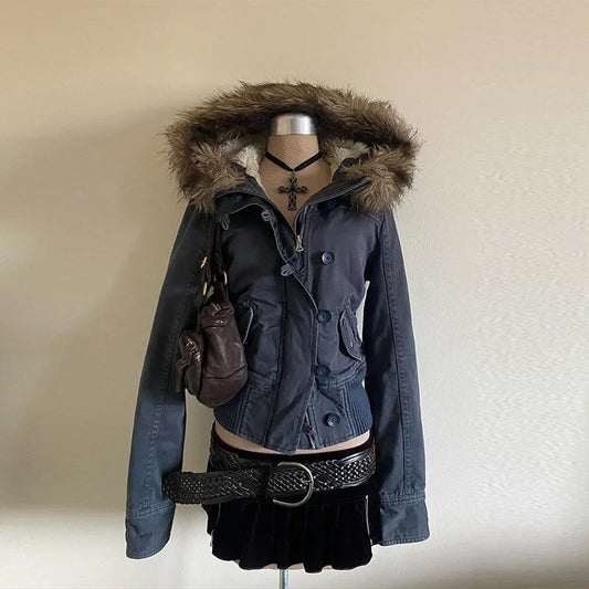 Damen Jacke mit Kunstfellkapuze Bomber-Stil