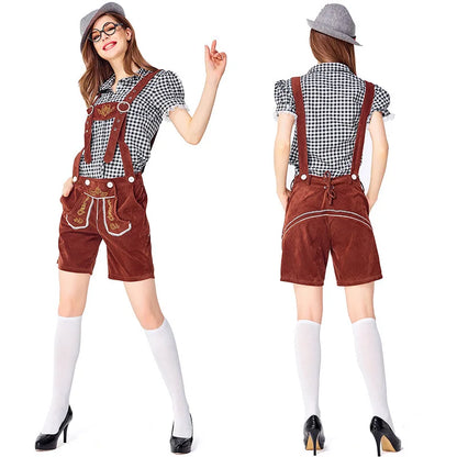 Costume da donna in stile dirndl con camicetta a quadri e pantaloncini con bretelle, vari colori