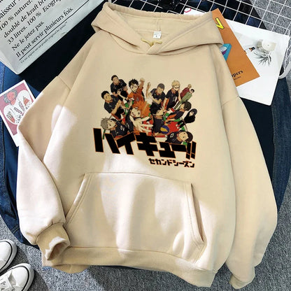 Felpa unisex con cappuccio e stampa anime - beige chiaro "Karasuno Volleyball Club"