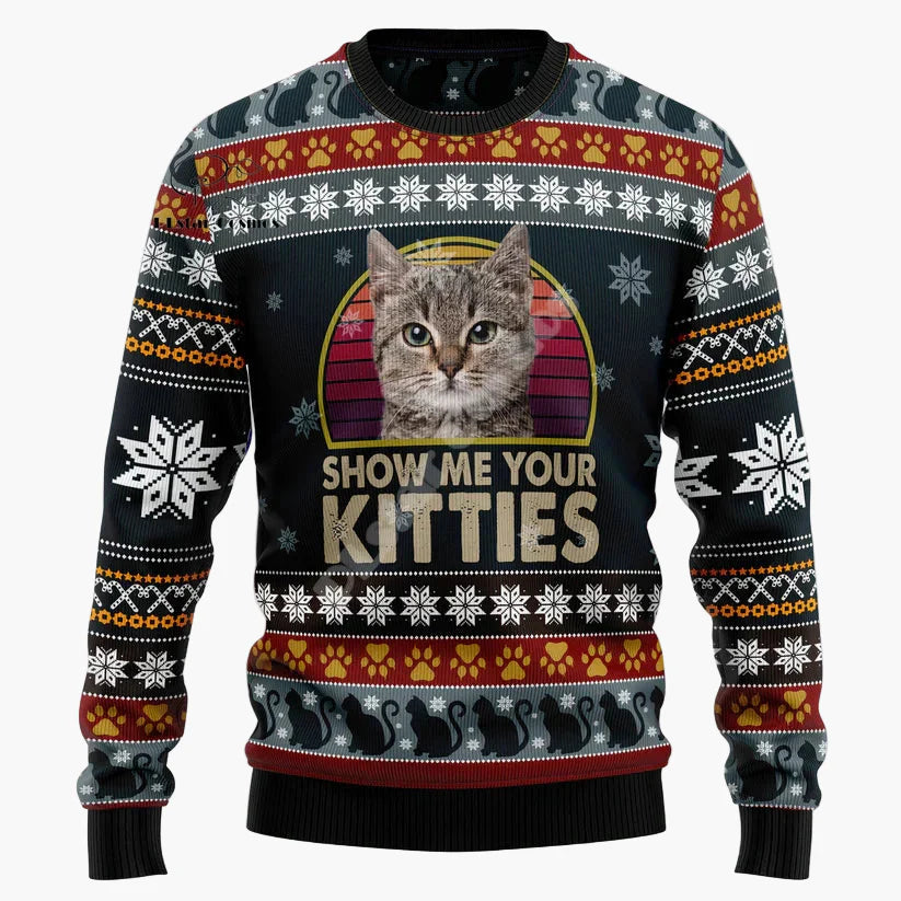 Herre Juletrøje med kattemotiv – Sjov Grim Juletrøje "Show Me Your Kitties"