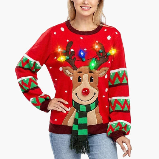 Dam jultröja med ren och LED-lampor – Rolig Ugly Christmas Sweater för högtider och fester