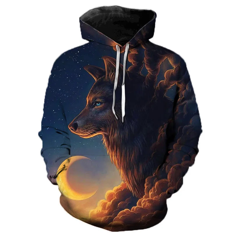 Hoodie mit Wolf Motiv 3D-Druck, Kapuzenpullover mit Kordelzug, Langarm