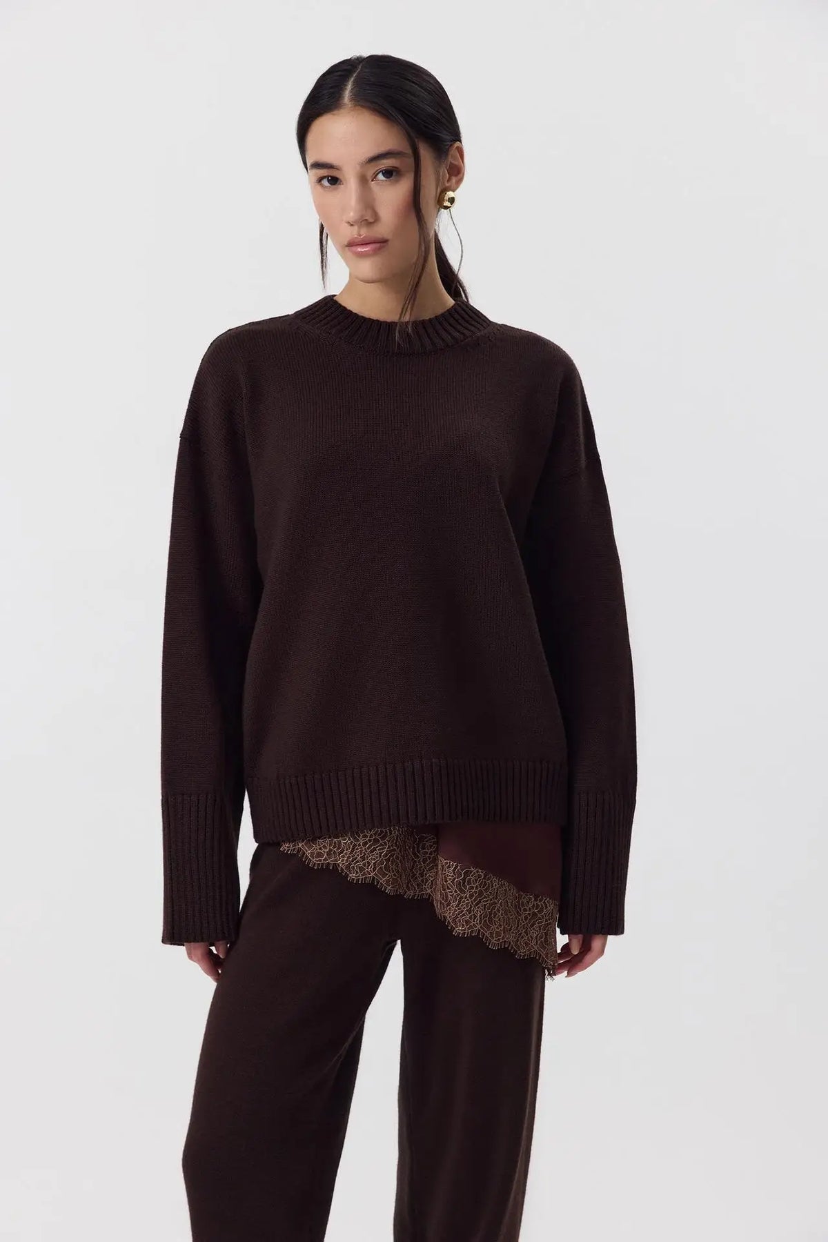 Damen Strickpullover Rundhalsausschnitt Oversize Langarm