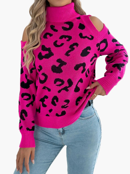 Dames Trui met cut-out schouders en luipaardprint – Trendy vrijetijdsgebreide trui